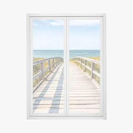 Pegatina para ventana pasarela de madera hacia el mar entre dunas – Pixers®