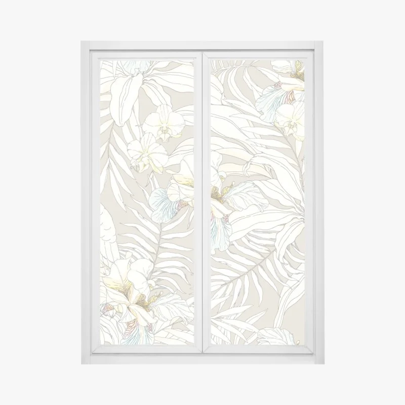 Pegatina para ventana cacatúas y orquídeas en patrón botánico
