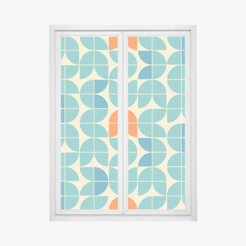 Pegatina para ventana mosaico geométrico mid-century en tonos turquesa y naranja
