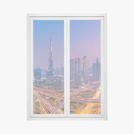 Pegatina para ventana panorama urbano de Dubái al atardecer – Pixers®