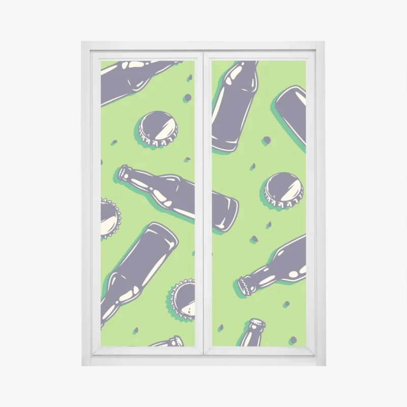 Pegatina para ventana patrón pop de botellas y tapones sobre fondo verde