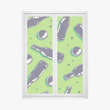 Pegatina para ventana patrón pop de botellas y tapones sobre fondo verde – Pixers®