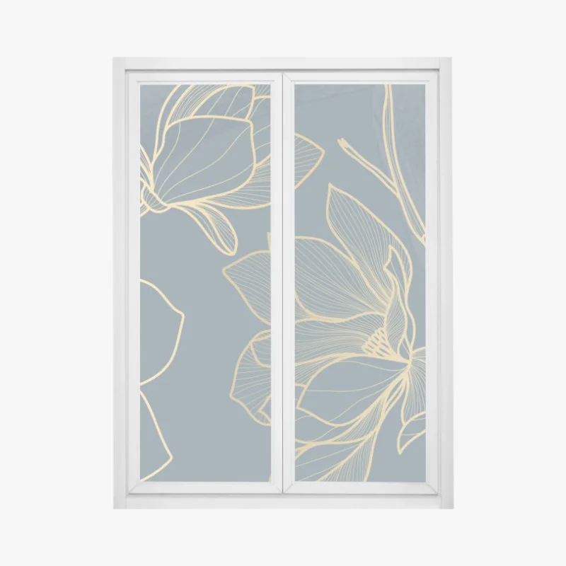 Pegatina para ventana magnolias en trazos dorados sobre fondo azul