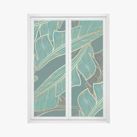 Pegatina para ventana diseño de hojas tropicales doradas sobre fondo verde oscuro – Pixers®