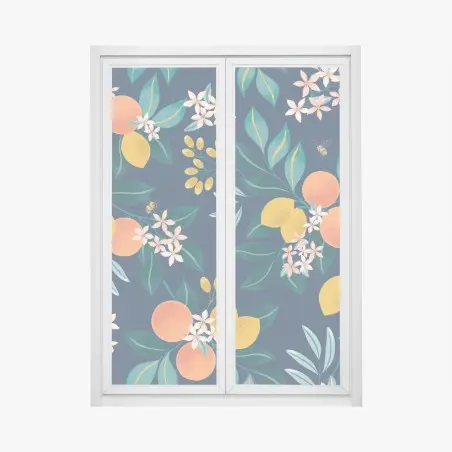 Pegatina para ventana patrón cítrico con naranjas y limones sobre fondo azul – Pixers®
