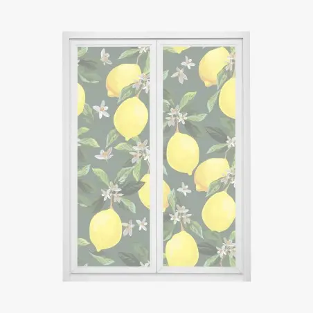 Pegatina para ventana estampado de limones y flores sobre fondo verde – Pixers®
