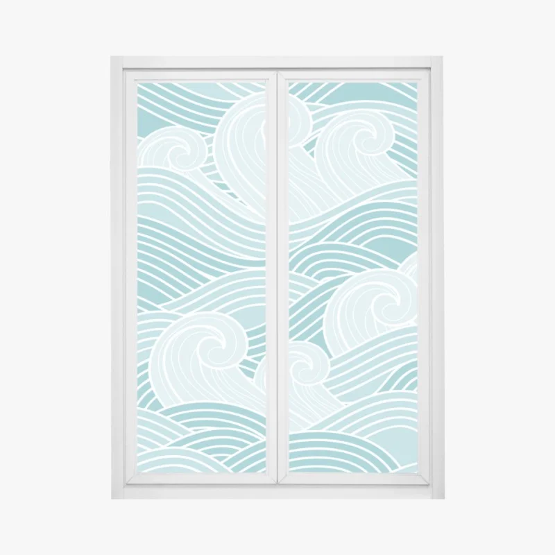 Pegatina para ventana mural de olas estilizadas en tonos turquesa