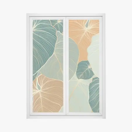 Pegatina para ventana patrón de hojas tropicales en tonos verdes y dorados – Pixers®