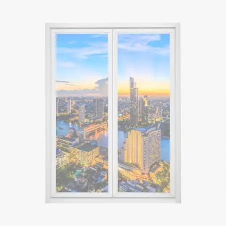 Pegatina para ventana atardecer urbano sobre el río iluminado – Pixers®
