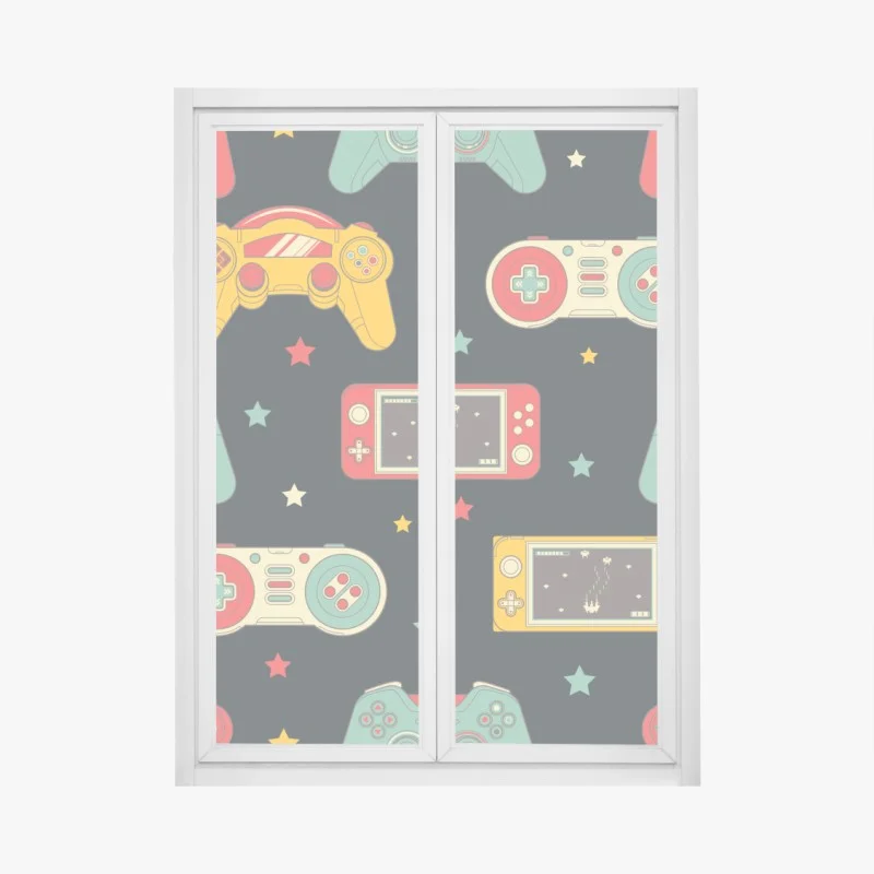 Pegatina para ventana patrón retro de mandos y consolas en colores vintage