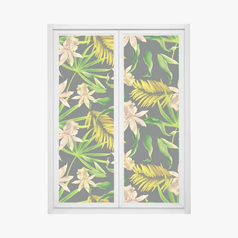Pegatina para ventana estampado tropical de orquídeas sobre fondo oscuro