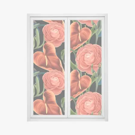 Pegatina para ventana patrón floral de anthuriums y ranúnculos sobre fondo negro – Pixers®