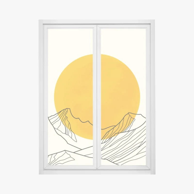 Pegatina para ventana sol dorado sobre montañas minimalistas