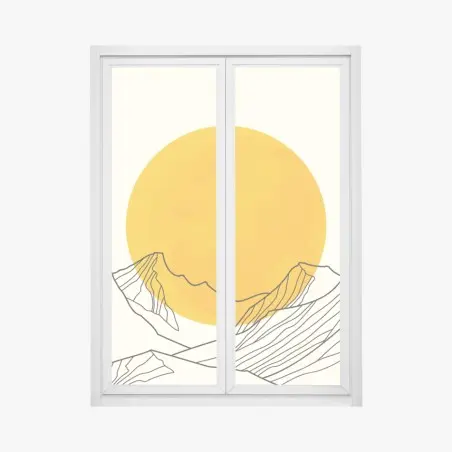 Pegatina para ventana sol dorado sobre montañas minimalistas – Pixers®