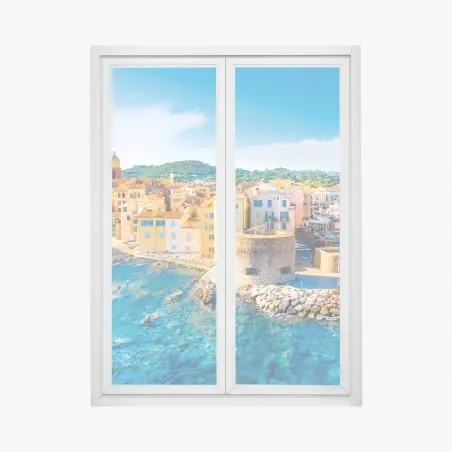 Pegatina para ventana panorámica de pueblo costero y puerto con aguas cristalinas – Pixers®