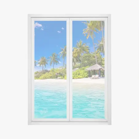 Pegatina para ventana escena de playa tropical con palmeras y aguas turquesa – Pixers®