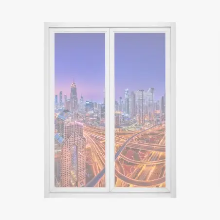 Pegatina para ventana panorama nocturno de rascacielos en Dubái – Pixers®