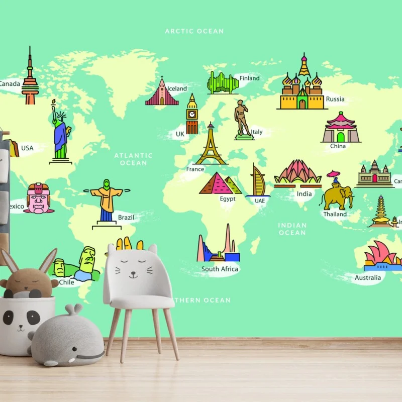Fotomural mapa ilustrado de monumentos y destinos del mundo