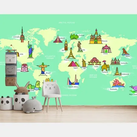 Fotomural mapa ilustrado de monumentos y destinos del mundo – Pixers®