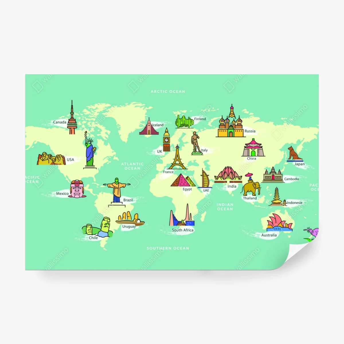 Fotomural mapa ilustrado de monumentos y destinos del mundo – Pixers®