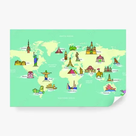 Fotomural mapa ilustrado de monumentos y destinos del mundo – Pixers®
