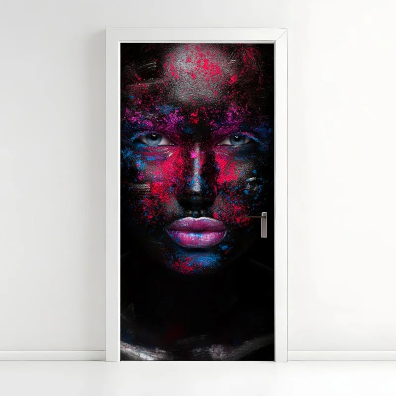 Pegatina para puerta rostro en neón sobre fondo negro