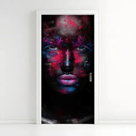 Pegatina para puerta rostro en neón sobre fondo negro – Pixers®