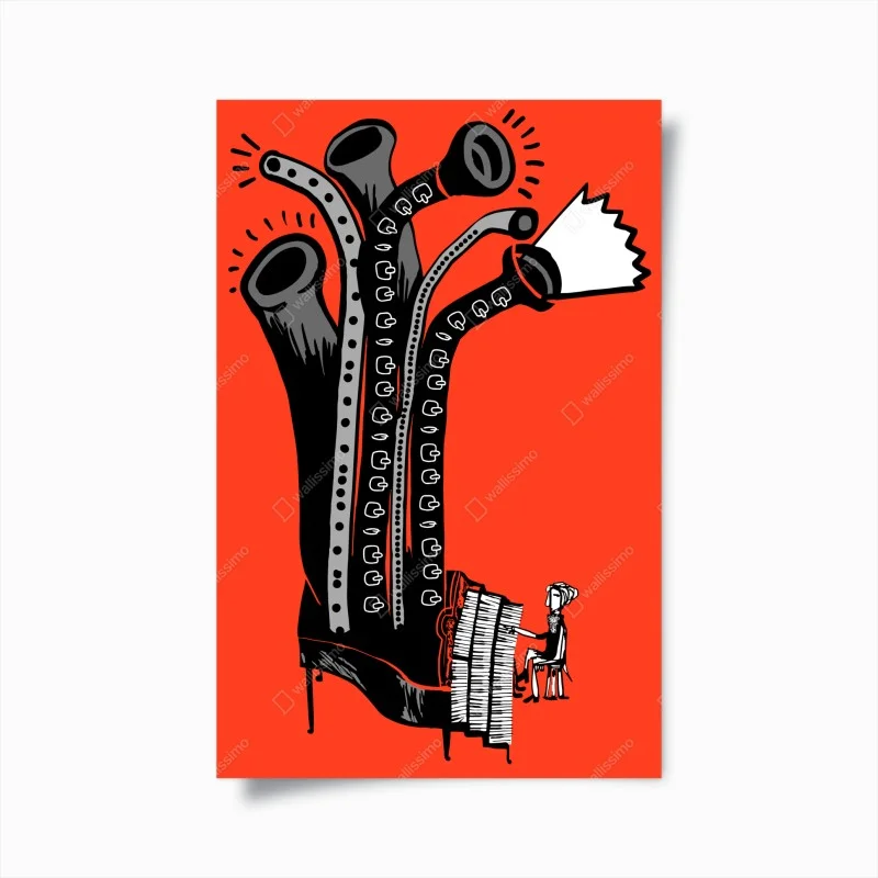 Póster árbol piano surrealista en rojo y negro