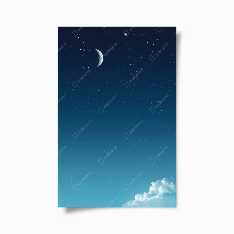 Póster cielo nocturno sereno con luna creciente y nubes