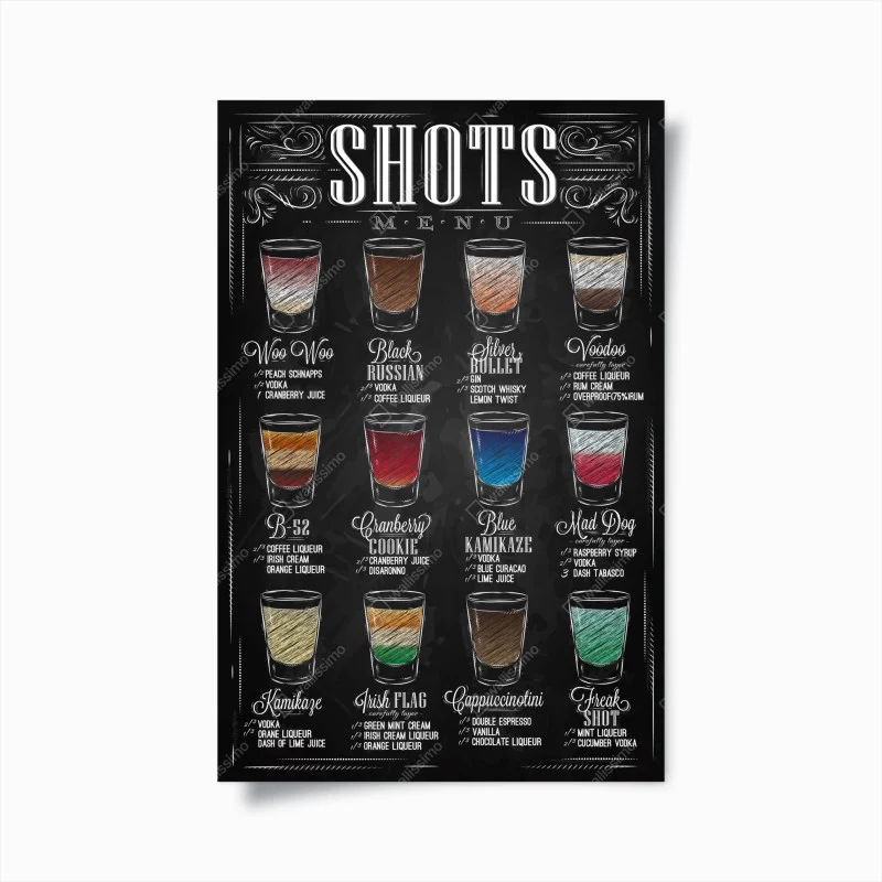 Póster menú de shots estilo pizarra ilustrado