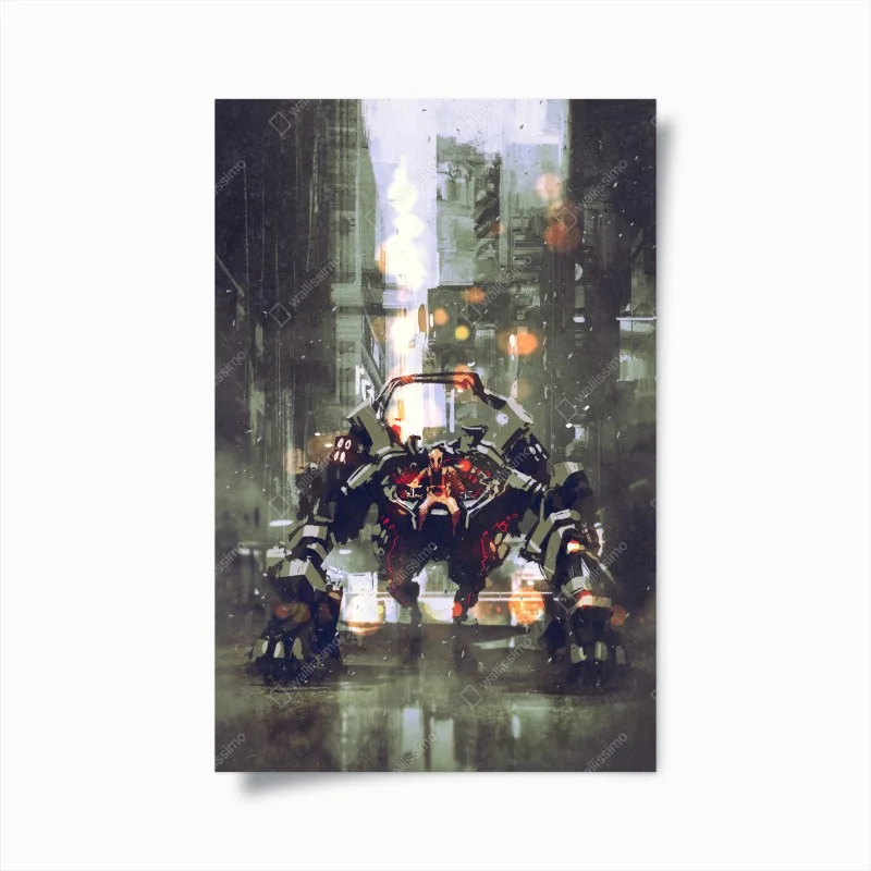 Póster mecha colosal en la ciudad nocturna