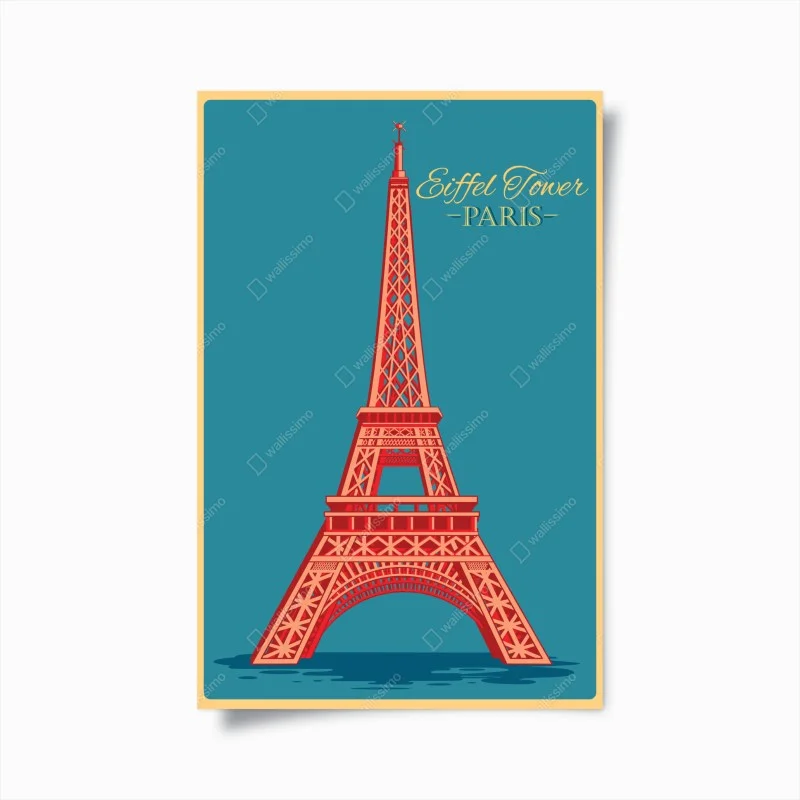 Póster torre Eiffel retro en tonos rojo y azul, París