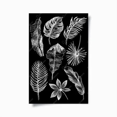 Póster ilustración de hojas tropicales en blanco y negro – Pixers®