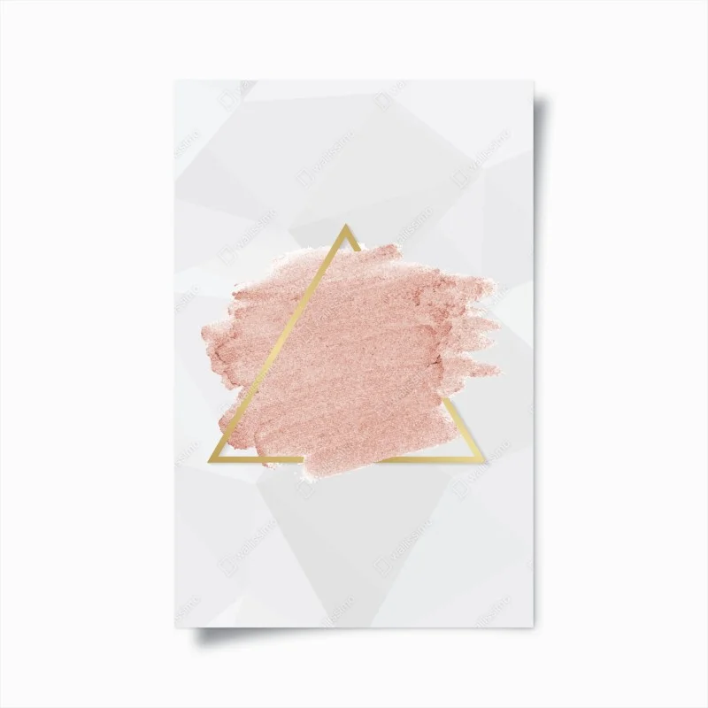 Póster brochazo rosa pastel con triángulo dorado sobre fondo geométrico