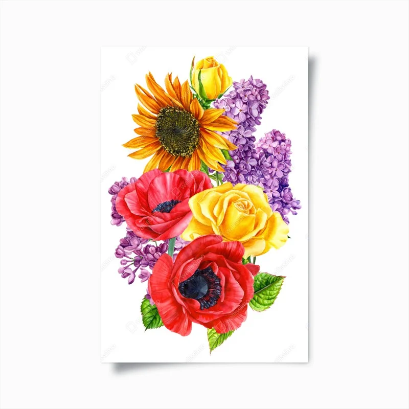 Póster ramo floral vibrante con girasol y rosas