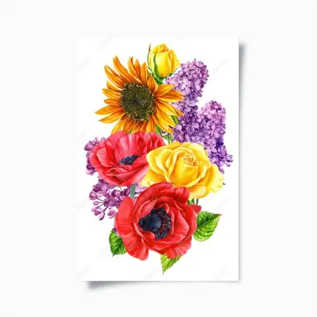 Póster ramo floral vibrante con girasol y rosas – Pixers®