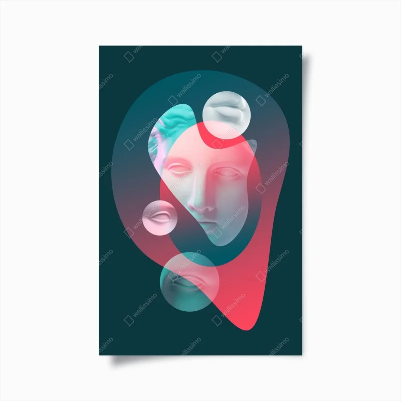 Póster rostro clásico surrealista con formas abstractas y colores vibrantes