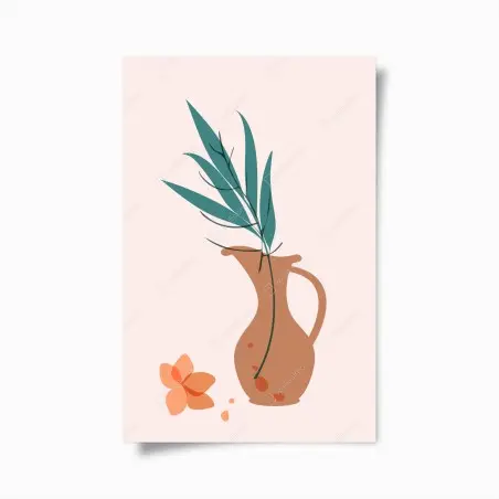 Póster jarrón terracota con hojas verdes y flor minimalista – Pixers®