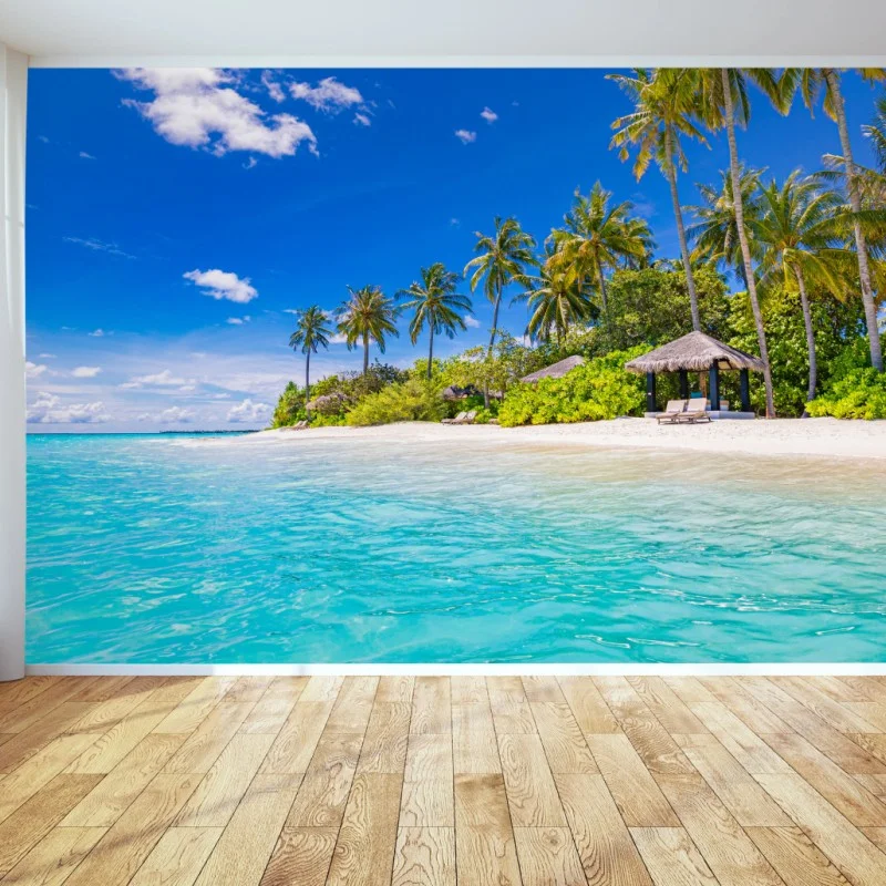 Fotomural escena de playa tropical con palmeras y aguas turquesa