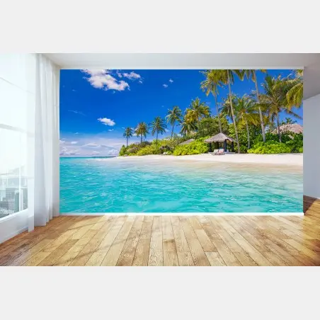 Fotomural escena de playa tropical con palmeras y aguas turquesa – Pixers®