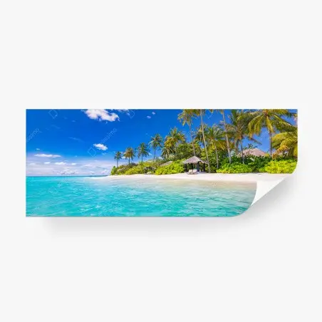 Fotomural escena de playa tropical con palmeras y aguas turquesa – Pixers®
