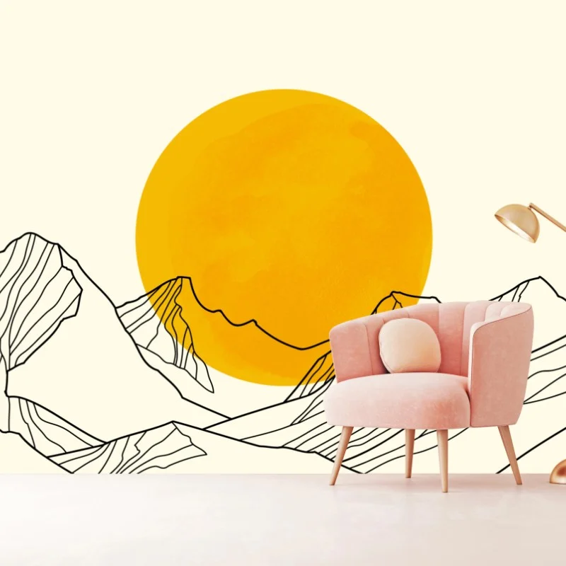 Fotomural sol dorado sobre montañas minimalistas