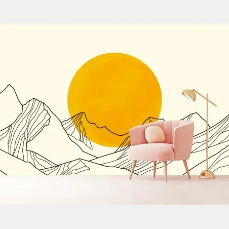 Fotomural sol dorado sobre montañas minimalistas – Pixers®