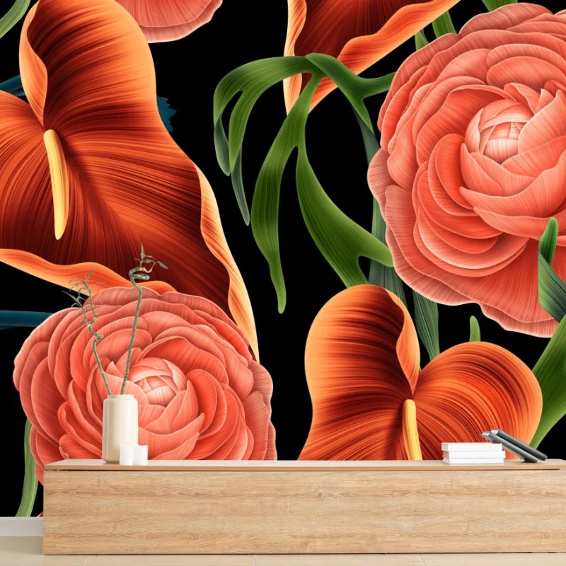 Fotomural patrón floral de anthuriums y ranúnculos sobre fondo negro