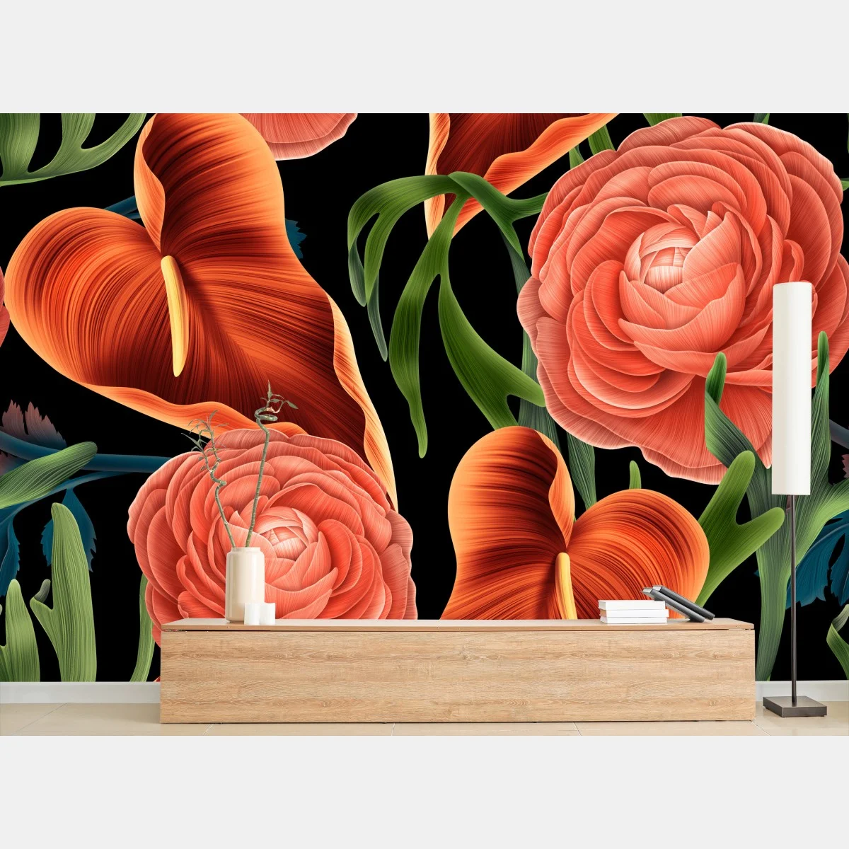 Fotomural patrón floral de anthuriums y ranúnculos sobre fondo negro – Pixers® Fotomural patrón floral de anthuriums y ranúnculos sobre fondo negro – Pixers®