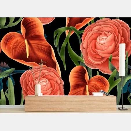 Fotomural patrón floral de anthuriums y ranúnculos sobre fondo negro – Pixers®