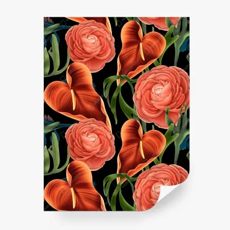 Fotomural patrón floral de anthuriums y ranúnculos sobre fondo negro – Pixers®