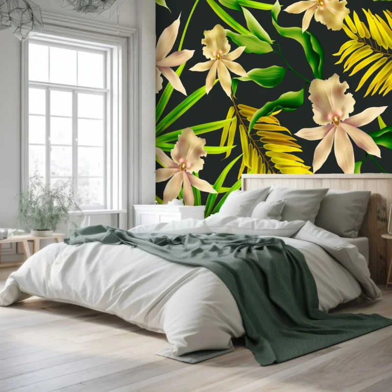 Fotomural estampado tropical de orquídeas sobre fondo oscuro