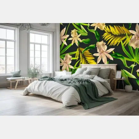 Fotomural estampado tropical de orquídeas sobre fondo oscuro – Pixers®