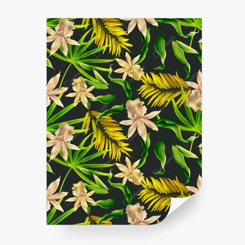Fotomural estampado tropical de orquídeas sobre fondo oscuro